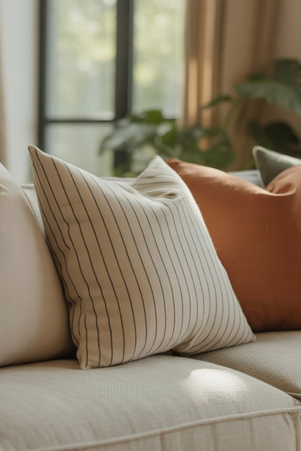 Blankets and cushions styled together in a calm home