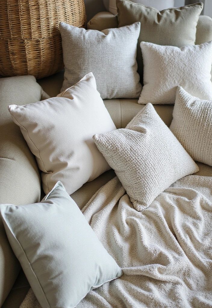 Layered blankets and cushions in a relaxed living room