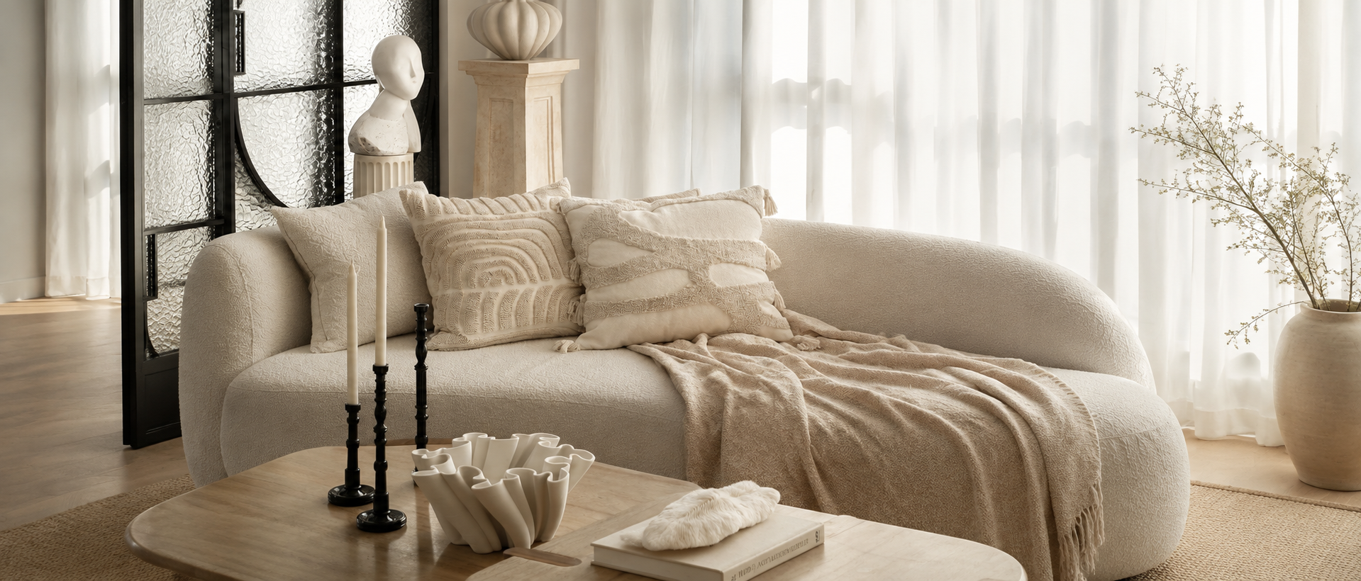 Soft cushions styled in a calm living space